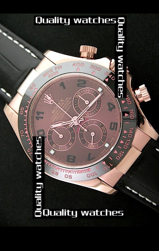 Swiss Rolex Cosmograph Daytona Rose Gold Brown Dial Black Leather Strap Automatic Replica Watch (High End) 