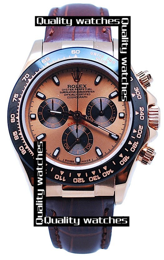Swiss Rolex Cosmograph Daytona Rose Gold Plated Dial Brown Leather Strap Automatic Replica Watch 