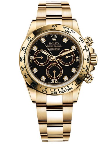 Rolex Cosmograph Daytona 18K Gold Black dial Diamond time markers Automatic Replica Watch 