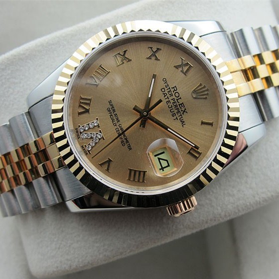 Rolex Datejust Golden dial 18K Rose Gold Roman numerals Diamonds on 6 o’clock Automatic Replica Watch