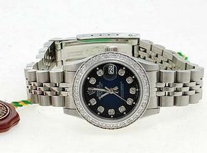 Rolex Datejust Replica Watches SS Blue black dial diamond hour markers diamond bezel