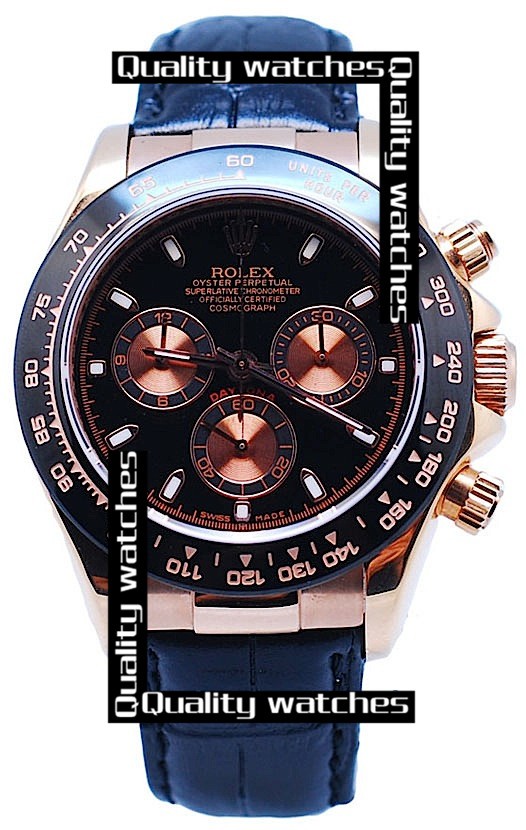 Swiss Rolex Cosmograph Daytona Rose Gold Black Dial Black Leather Strap Automatic Replica Watch 