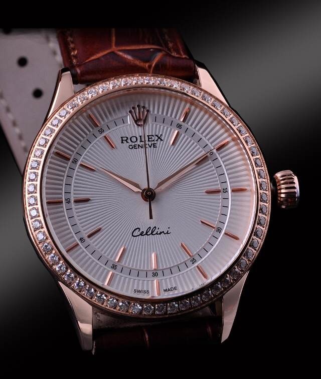 Swiss Rolex Cellini Rose Gold Diamond Bezel Stick Time Markers White Dial Automatic Replica Watch 
