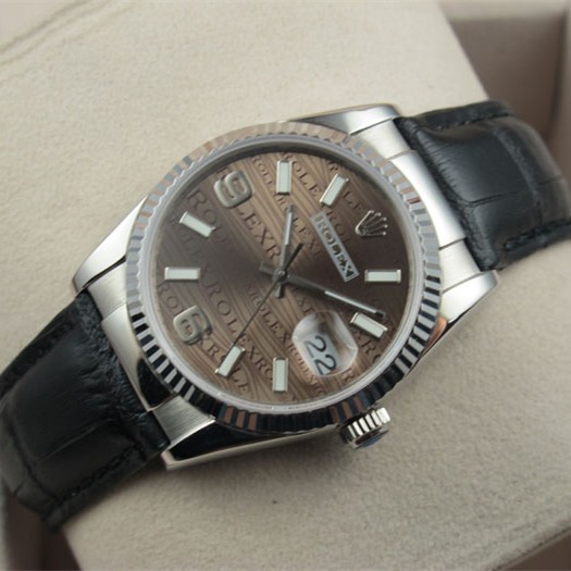 Swiss Rolex Datejust 18K White Gold Black Leather Strap Brown Dial Automatic Replica Watch