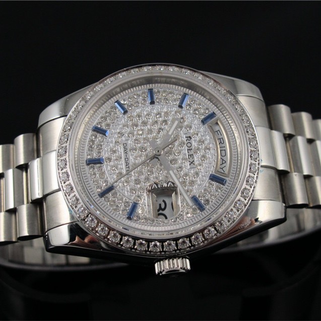 Swiss Rolex Day-Date Dense Diamond bezel and dial Bar-type Sapphire time markers Automatic Replica Watch