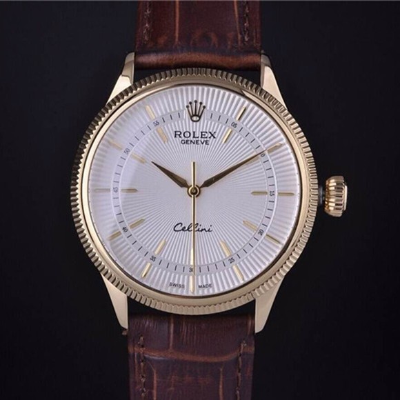 Rolex Cellini Swiss Automatic Watch Yellow Gold Brown Strap       