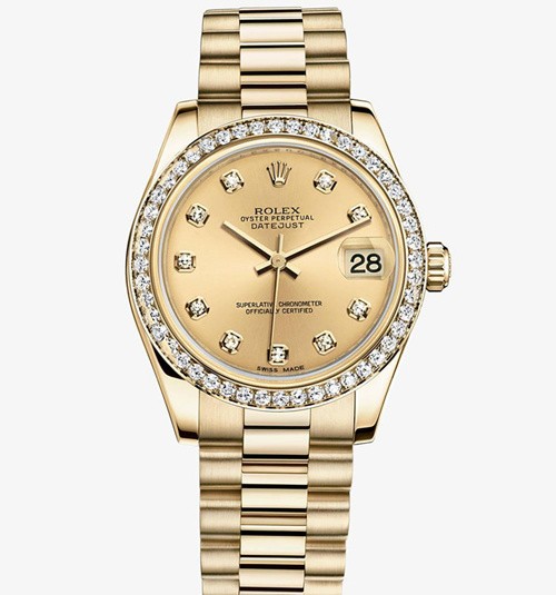 Rolex Datejust Ladies 178288 Yellow Gold Champagne dial Diamond bezel Automatic Replica Watch