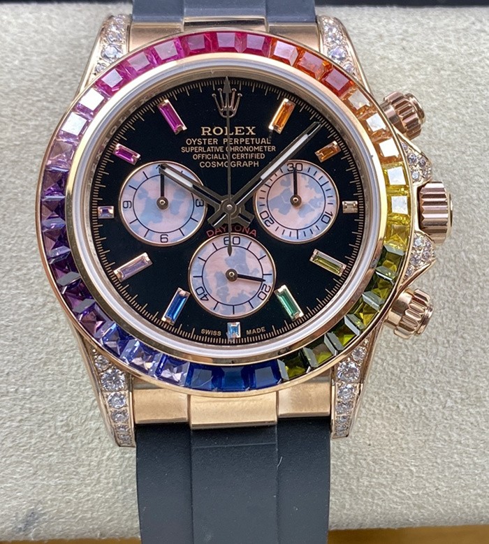 Rolex Daytona Replica Swiss Watch Rainbow Bezel Black Dial (High End)