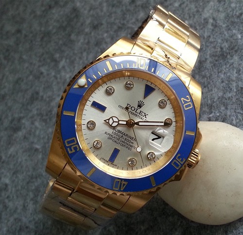 Rolex Submariner 18K Gold Case Pearl Dial Diamonds Mens SWRX856